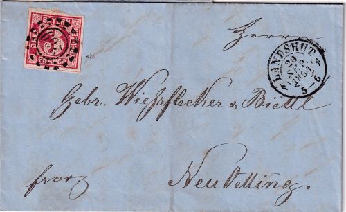 Bayern - 3 Kr. Quadrat rot Brief oMR 269 OPA Landshut 20. SEP 1864 n. Neuötting