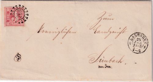 Bayern - 3 Kr. Quadrat rot Brief oMR 269 OPA Landshut 25. JAN 1863 n. Simbach