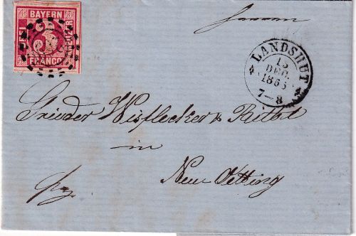 Bayern - 3 Kr. Quadrat rot Brief oMR 269 OPA Landshut 13. DEC 1866 n. Neuötting
