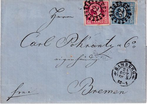 Bayern/Bremen - 3+6 Kr. Quadrat rot/blau Brief oMR 28 OPA Bamberg 23. OCT 1865