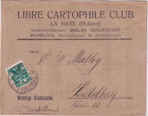 Tschechien - 25 H. Taube/Brief Drucksache Bratislava - Heidelberg 1920