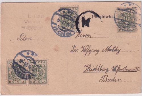 Polen - 4x5 F. Adler Firmenkarte Wadowice - Heidelberg 1920 Zensur Krakau