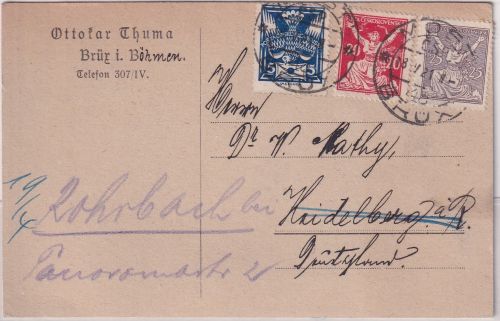 Tschechien - 25 H. Republik u.a. Firmenkarte Brüx - Heidelberg 1921