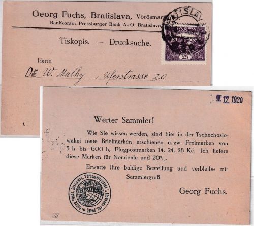 Tschechien - 25 H. Hradschin gez. Firmendrucksache Bratislava - Heidelberg 1920