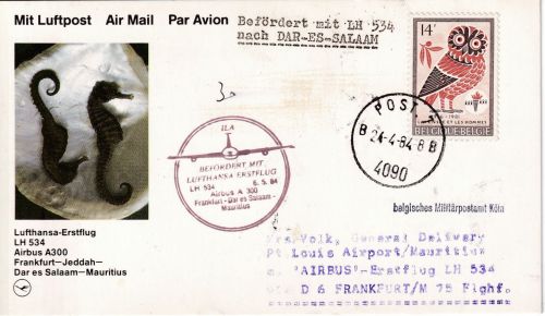 Belgien - Lufthansa Erstflug FFM - Port Louis 1984 Zuleitungspost belg. Militär