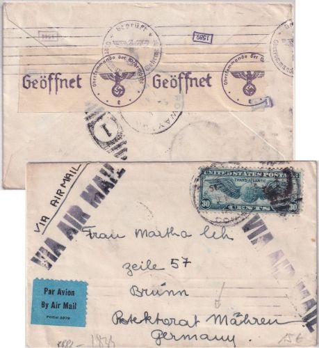 USA - 30 C. Flp.-Ausg. Luftpostbrief Rowayton - Brünn 9. MATR 1940 OKW-Zensur