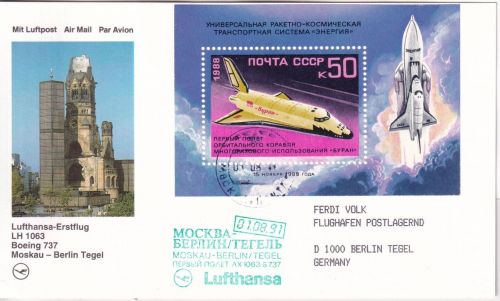 Russland - 50 R. Buran Blockausgabe 1988 LH-Erstflug Moskau - Berlin 1991