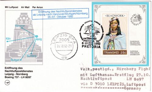 Transkei - 25 C. Perlschmuck Block Nachluftpost Leipzig Nürnberg 1992