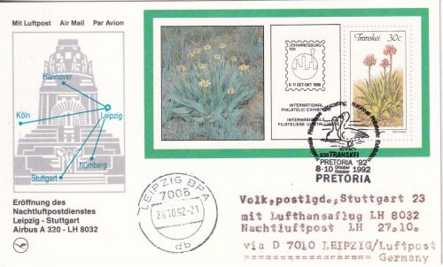 Transkei - 30 C. Aloe Blockausgabe Nachluftpost Leipzig Stuttgart 1992