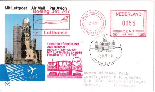 Niederlande - 55 C. Lufthansa AFS Erstflug Amsterdam - Berlin 1991