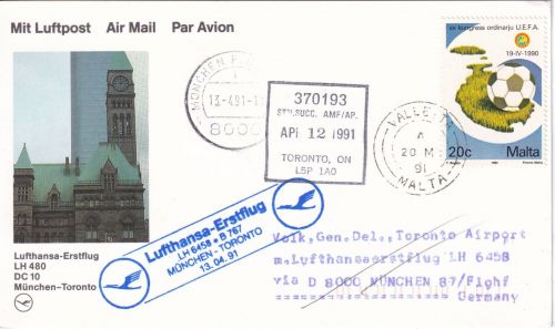 Malta - 20 C. XX. UEFA-Kongress Luftpostkarte/LH-Erstflug Zuleitungspost 1991