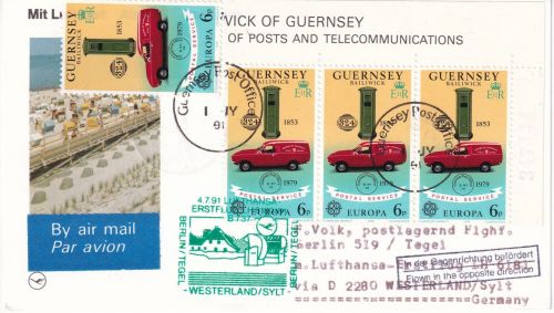 Guernsey - 4x6 P. Briefkasten/Postauto LH-Erstflug Zuleitungspost 1991