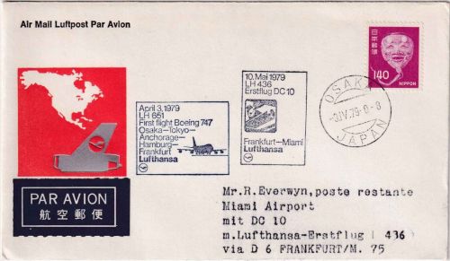 Japan - Lufthansa 2x1st-flight Osaka - FFM u. FFM- Miami 3.4./10.5.1979