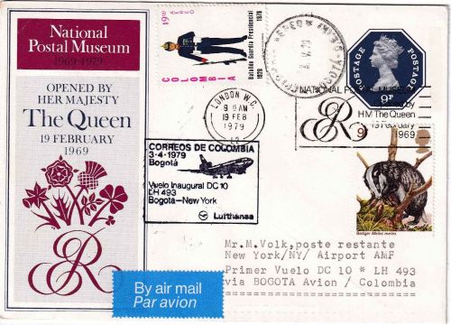 England/Kolumbien - Zuleitungspost Lufthansa Firstflight Bogota New York 1979