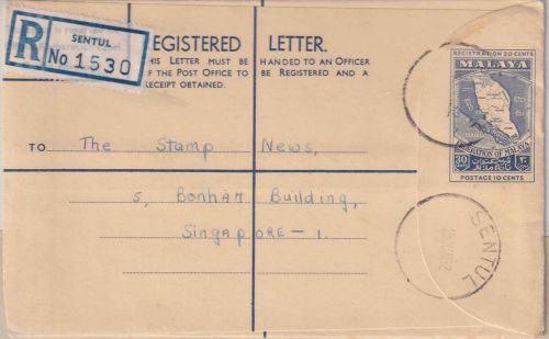 Malaysia - 30 C. registered envelope stationery Sentul - Singapore 1962