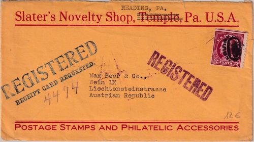 USA - 12 C. Franklin registered mail w/receipt card to AUSTRIA Reading 1920
