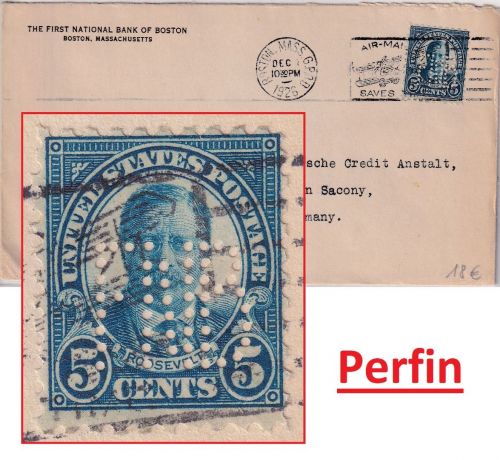 USA - 5 C. Roosevelt Perfin "FNB" cover Boston - Werdau 1926