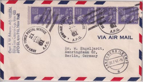 USA - 5x3 C. Jefferson Airmail APO 61 Landsberg a/Lech - Berlin 1952