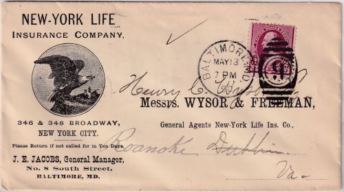 USA - Baltimore 1890 New York Life Insurance illustr. cover to Roanoke