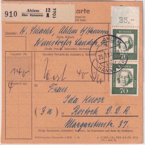 BRD - 70 Pfg. Bed. Deutsche senkr. Paar/OBERRAND Paketkarte Ahlem 1962