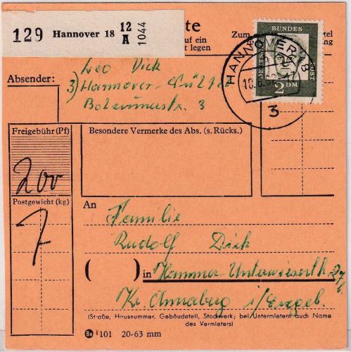 BRD - 2 DM Bed. Deutsche Einzelfrankatur Orts-(!)-Paketkarte Hannover 1962