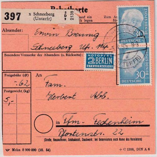 BRD - 30 Pfg. Heuss I senkr. Paar Paketkarte Schneeberg - Frankfurt a/M. 1955