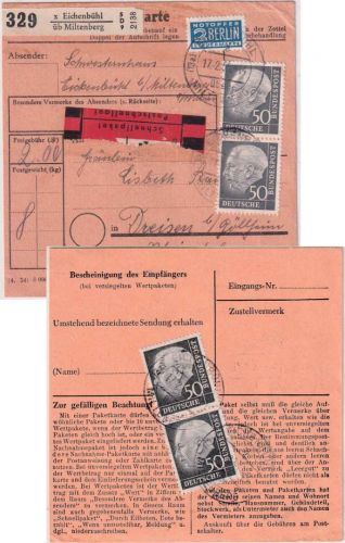 BRD - 4x50 Pfg. Heuss I Schnellpaketkarte Eichenbühl ü. Miltenberg 1955