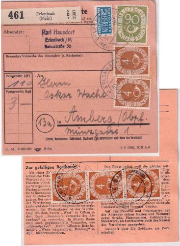 BRD - 90+5x4 Pfg. Posthorn Paketkarte Erlenbach - Amberg 1954