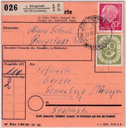 BRD - 90+20 Pfg. Posthorn/Heuss Paketkarte Bürgstadt ü. Miltenberg 1954