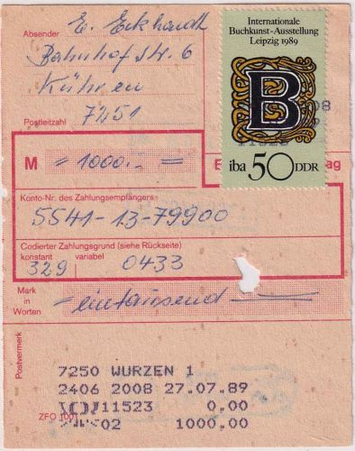 DDR - 50 Pfg. IBA Leipzig Einzelfrankatur Einzahlungsauftrag Wurzen 27.7.89