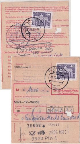 DDR - 2x40 Pfg. Aufbau/Brandenburger Tor Einzahlungsauftrag Plauen 4 31.10.89