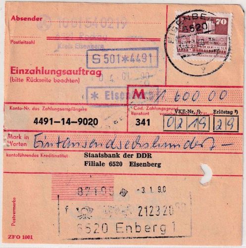 DDR - 70 Pfg. Aufbau/Kleinformat u.a. Einzahlungsauftrag Eisenberg 3.1.90