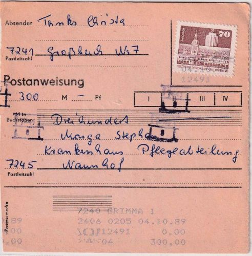DDR - 70 Pfg. Aufbau/Kleinformat u.a. Postanweisung Grimma 4.10.89