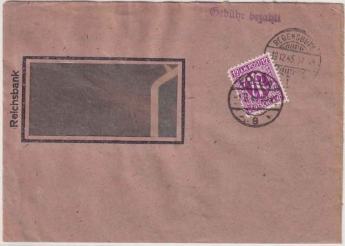 AM-Post - Regensburg 19.12.45/Fulda 1.2.46 doppelt verw. Brief d. Reichsbank