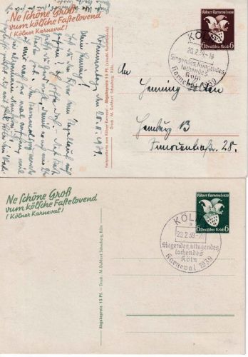 DR - 2x6 Pfg. Sonderganzsache Kölner Karneval SST Köln 20.2.39