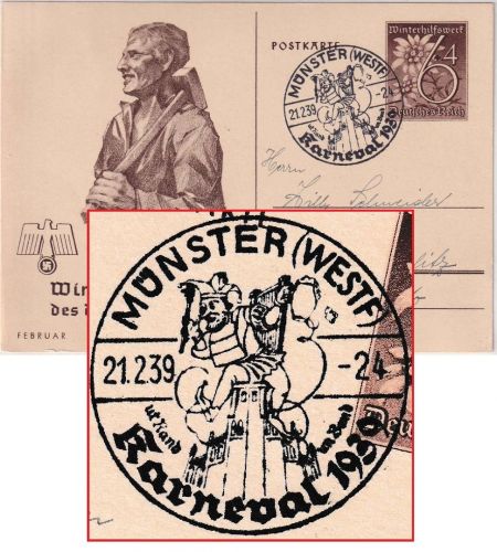 DR - Münster (Westf.) Karneval 1939 SST 6 Pfg. WHW-Sonderganzsache n. Berlin