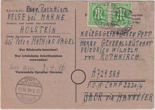 AM-Post - 2x5 Pfg. amerik. Druck Kriegsgefangenenkarte n. BELGIEN Marne 28.2.46