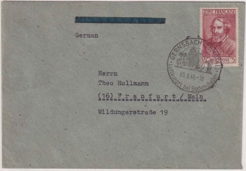 FZ/Allg. Ausg. - 5 M. Heine Sammlerbrief Handwerbestempel Gernsbach 5.8.46