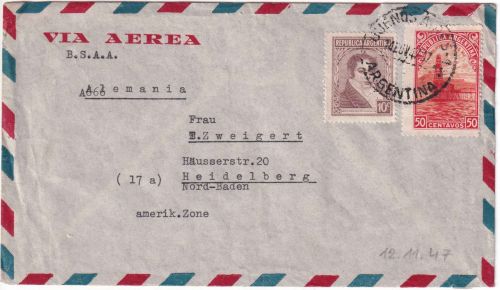 Argentinien - Buenos Aires 14.11.47 Luftpostbrief n. Heidelberg - ohne Zensur !
