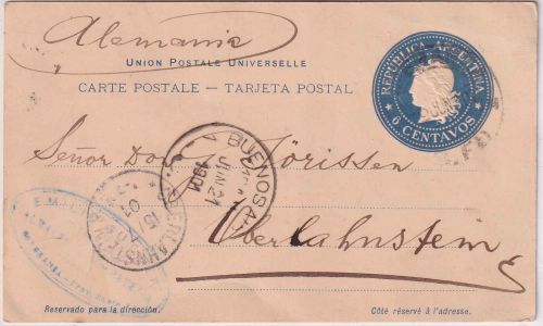 Argentinien - 5 C. Ganzsachenkarte Esperanza - Oberlahnstein 1901