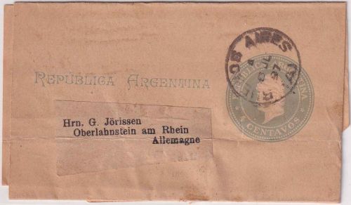 Argentinien - 4 C. Ganzsache/Streifband Buenos Aires - Oberlahnstein 1897