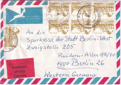 Südafrika - 7x25 C. Luftpost-Expressbrief Johannesburg - Berlin 1985
