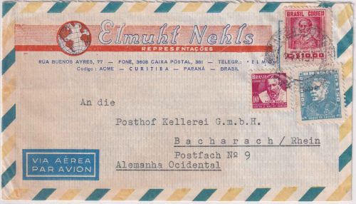 Brasilien - 10 Cr. Freimarke u.a. illustr. Luftpostbrief Curitiba Bacharach 1957