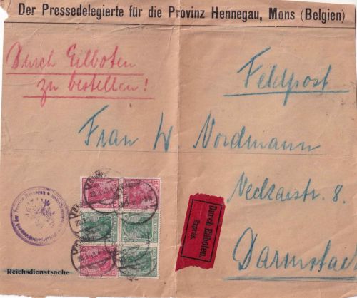 LP Belgien - 3x5+3x10 Pfg. Germania Eilbrief-Vds. K.D. Feldpost (Mons) 1918