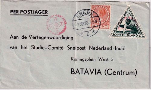 Niederlande - Firstflight Postjager Amsterdam Batavia Luftpostbrief Sneek 1933