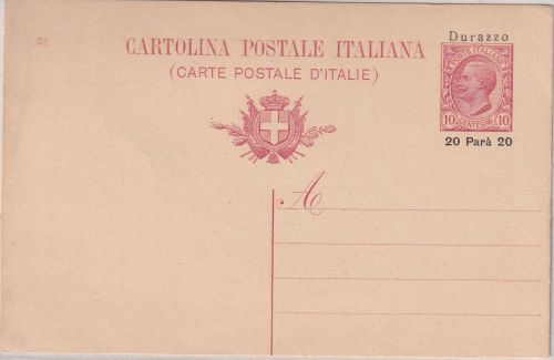 Italien/Albanien - 20 P./10 C. Ganzsache/Überdruck Durazzo ungebraucht 1909