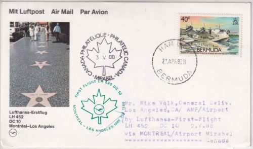 Bermuda - Lufthansa 1st-flight Montreal Los Angeles Zuleitungspost 1988
