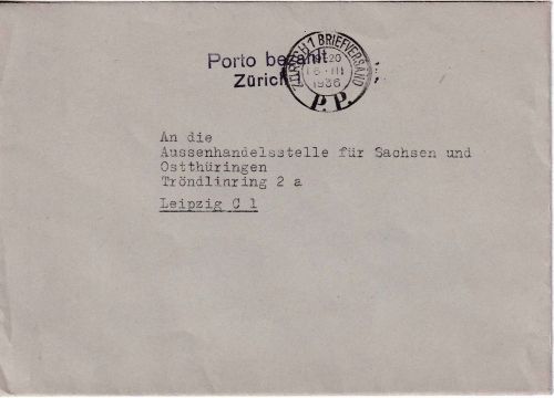 Schweiz - Porto bezahlt Zürich 1 L2 Drucksache/Massensendung n. Leipzig 1936