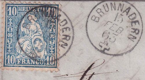 Schweiz - Brunnadern 15. FEB 63 kl. K1 Briefstück 10 Rp. sitz. Helvetia