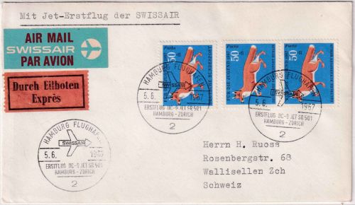 BRD - 3x50 Pfg. Wofa Fuchs Lupo-Eilbrief i.d. SCHWEIZ Swissair 1st-flight 1967